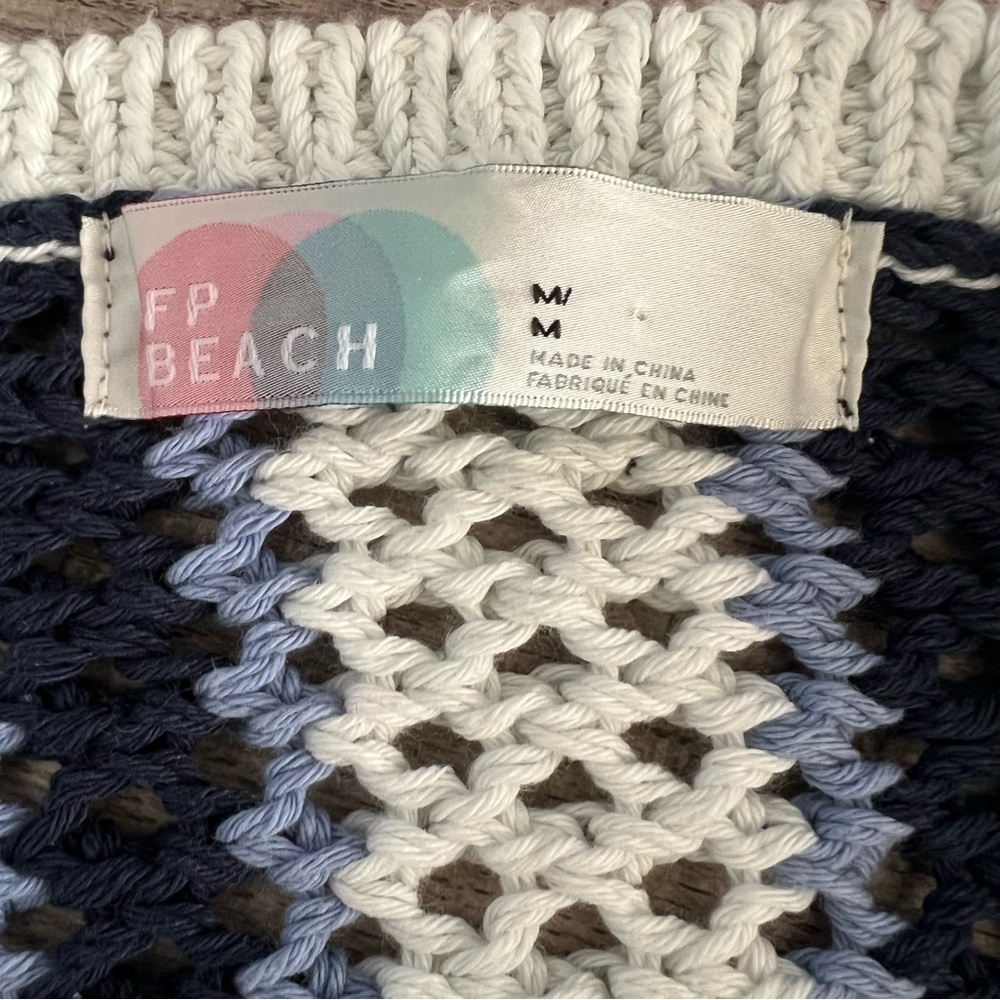 Free People Beach Dayton Navy Blue Knit Crochet Striped Sweater Crewneck Medium - Picture 4 of 5